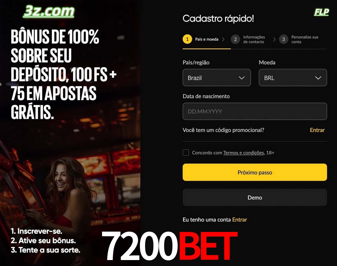 7200bet registro oficial cassino online Brasil com bônus de depósito e free spins